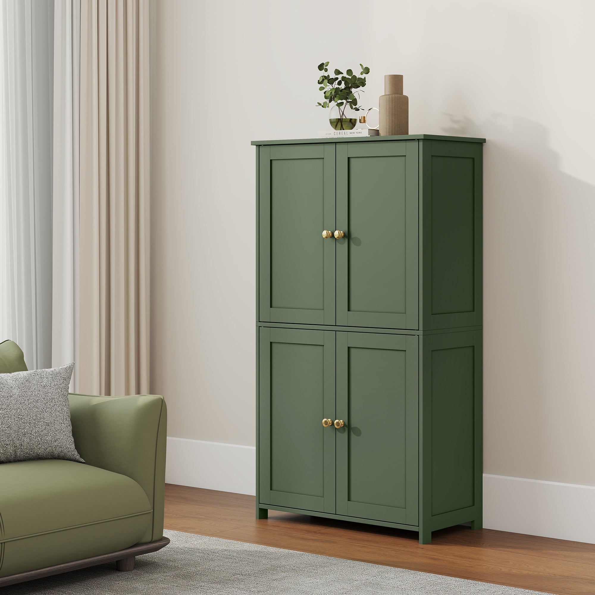 Armoire Haute de Rangement, Meuble de Cuisine avec 4 Portes, 2 Étagères Réglables, Style Shaker, Vert - 2