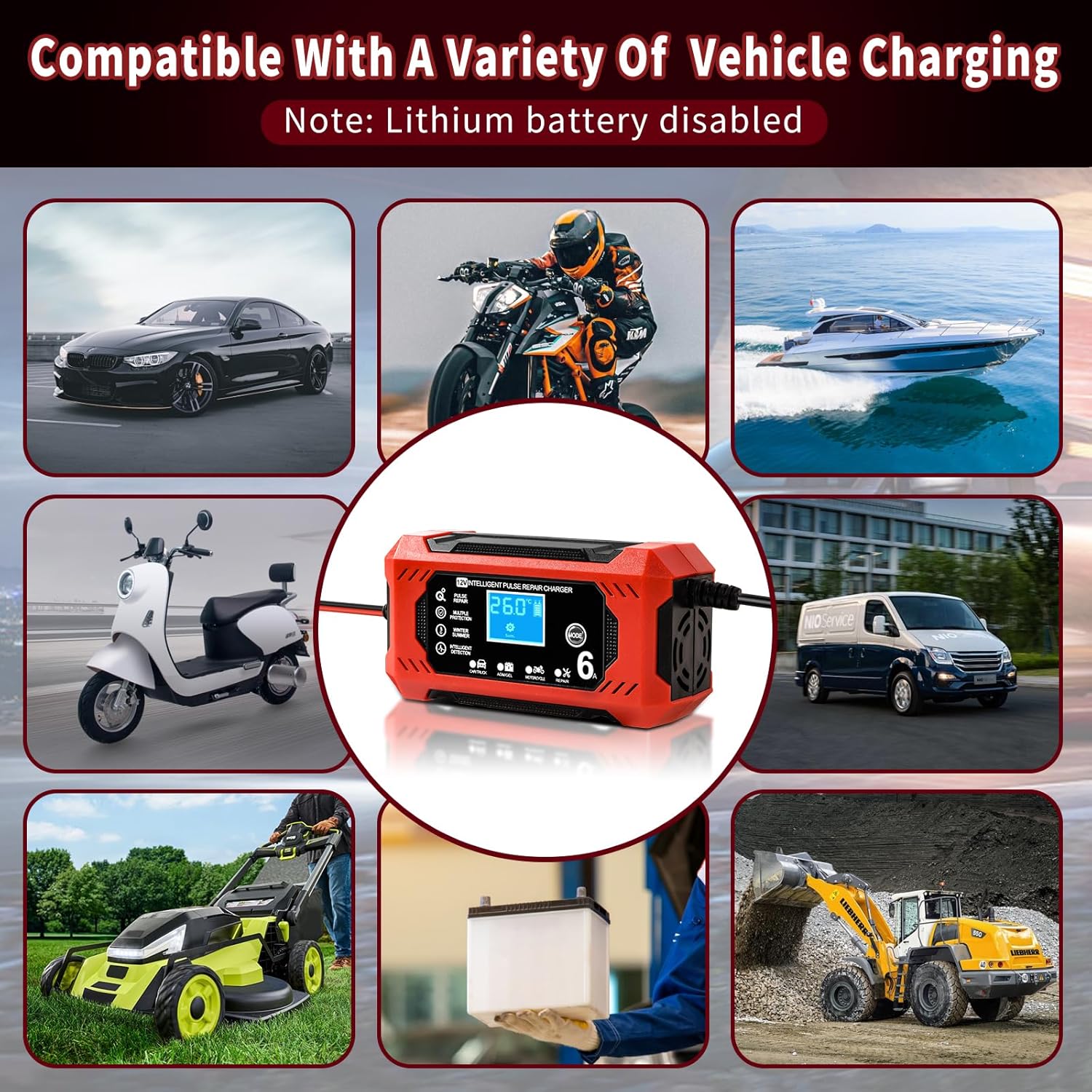 Caricabatterie per auto, caricabatteria intelligente da 12 V 6 A, caricabatteria per moto con display LCD, caricabatteria per auto, moto, camion, AG - 5