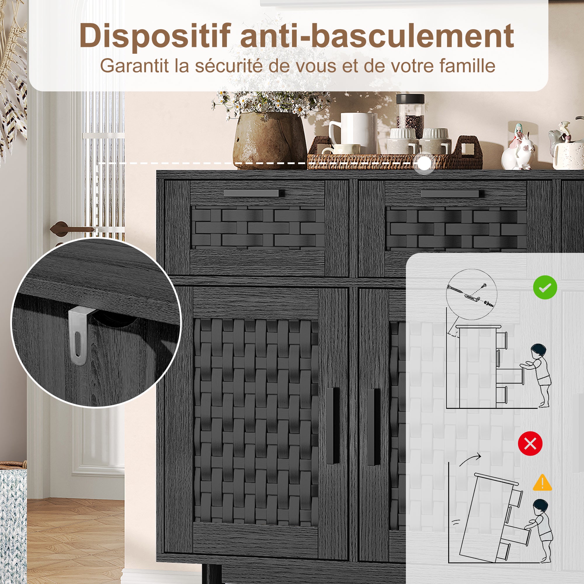 Buffet, meuble de rangement en bois noir, avec 3 portes et 3 tiroirs, meuble de rangement pour le salon, portes à motif tressé - 8