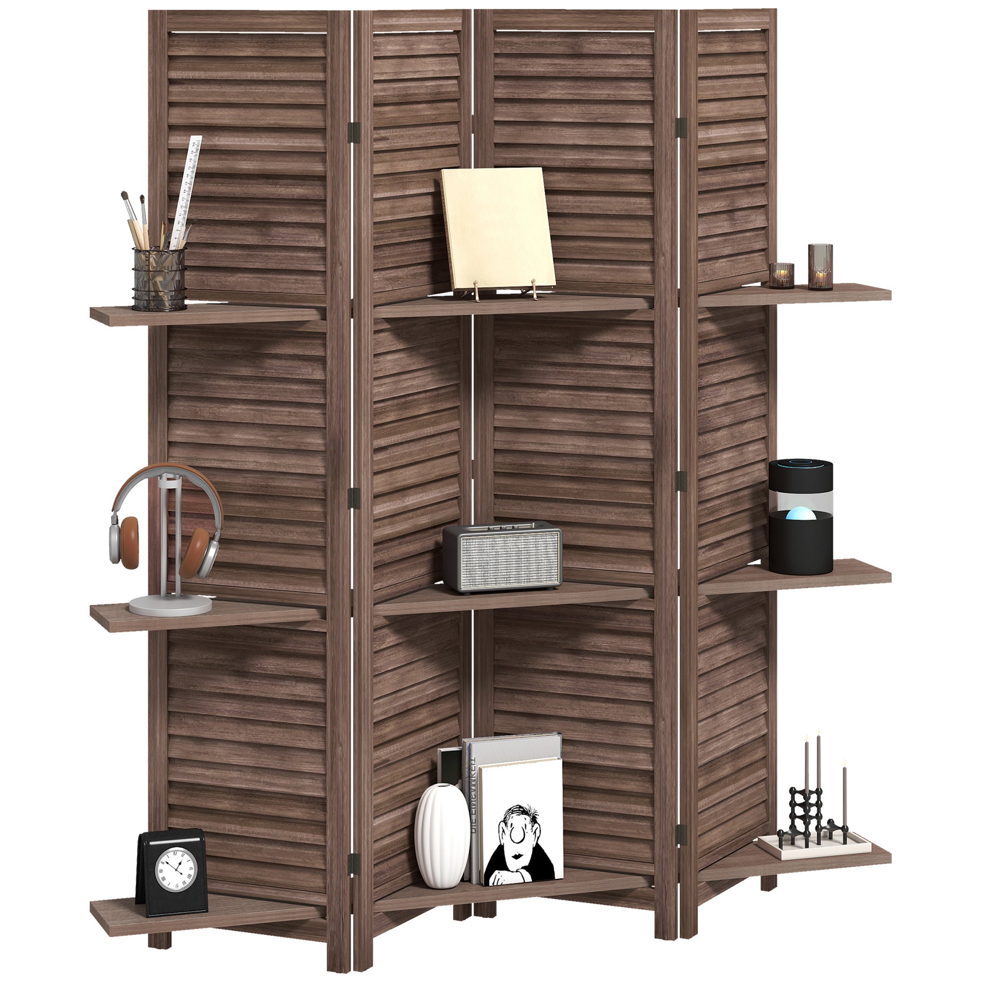 Paravent intérieur en bois 4 panneaux 160x170cm,séparateur de pièce pliable avec 3 étagères,noyer - 2