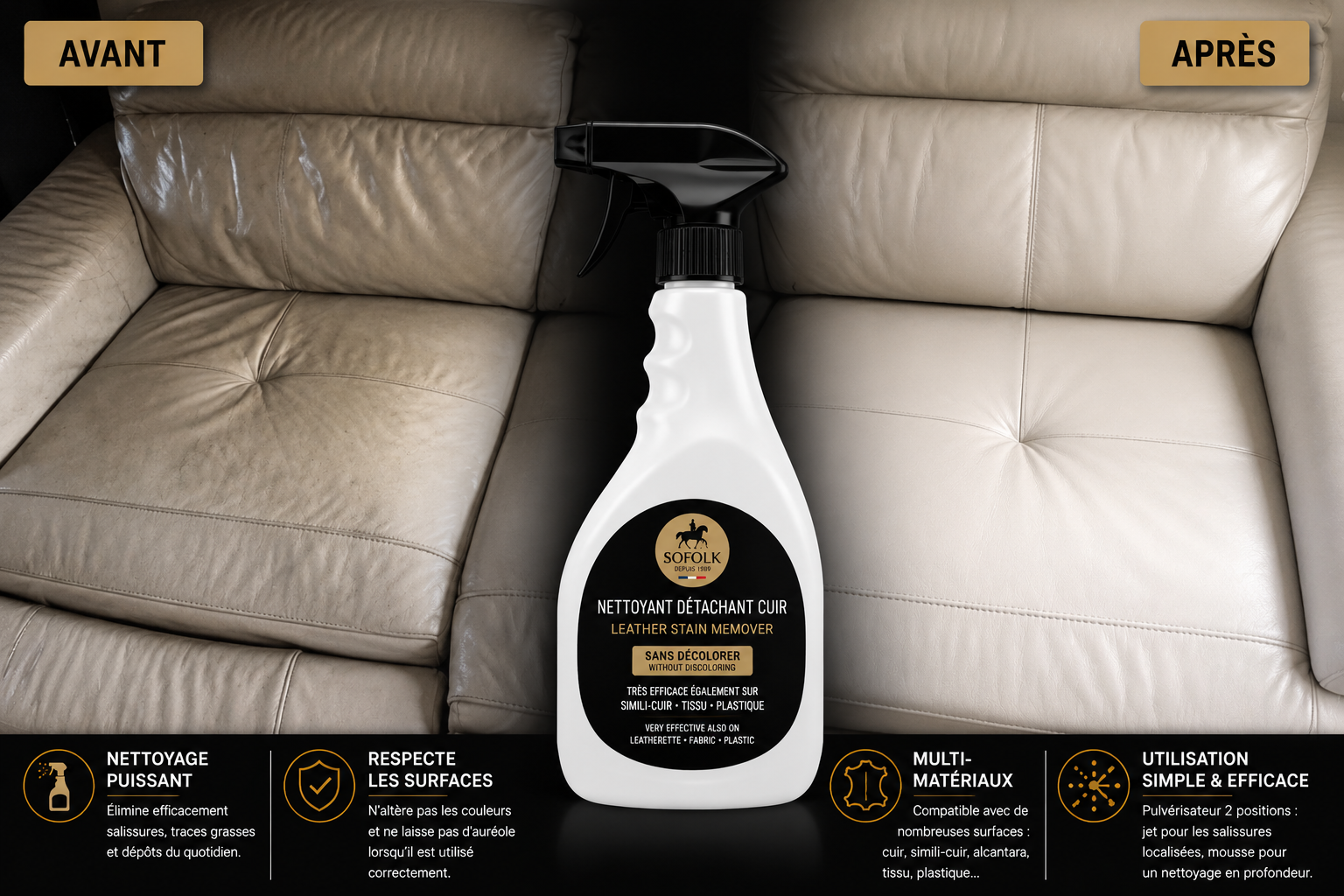 Nettoyant Détachant Puissant : Cuir, Simili-Cuir, Tissu, Nubuck, Daim, Plastique SOFOLK Pulvérisateur 750ml - 8