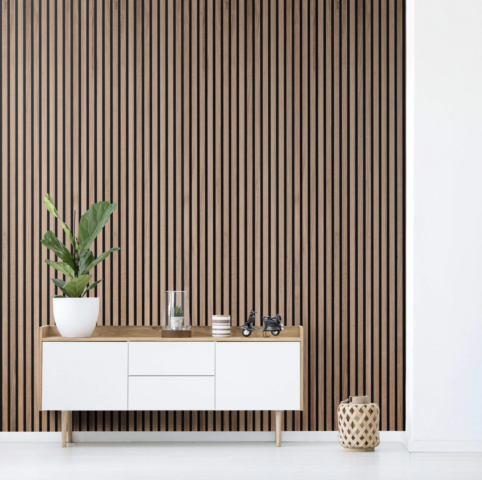 Panneau tasseau acoustique finition bois walnut, fond noir 300x60cm - 2