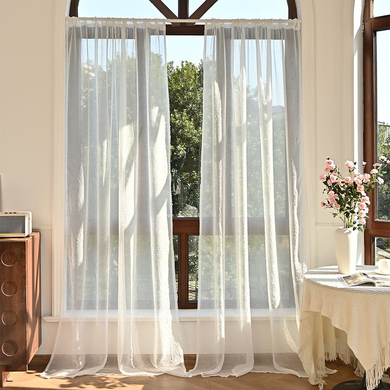 Biała, półprzezroczysta, marszczona firana z tiulu, 132 x 241 cm, dwie sztuki