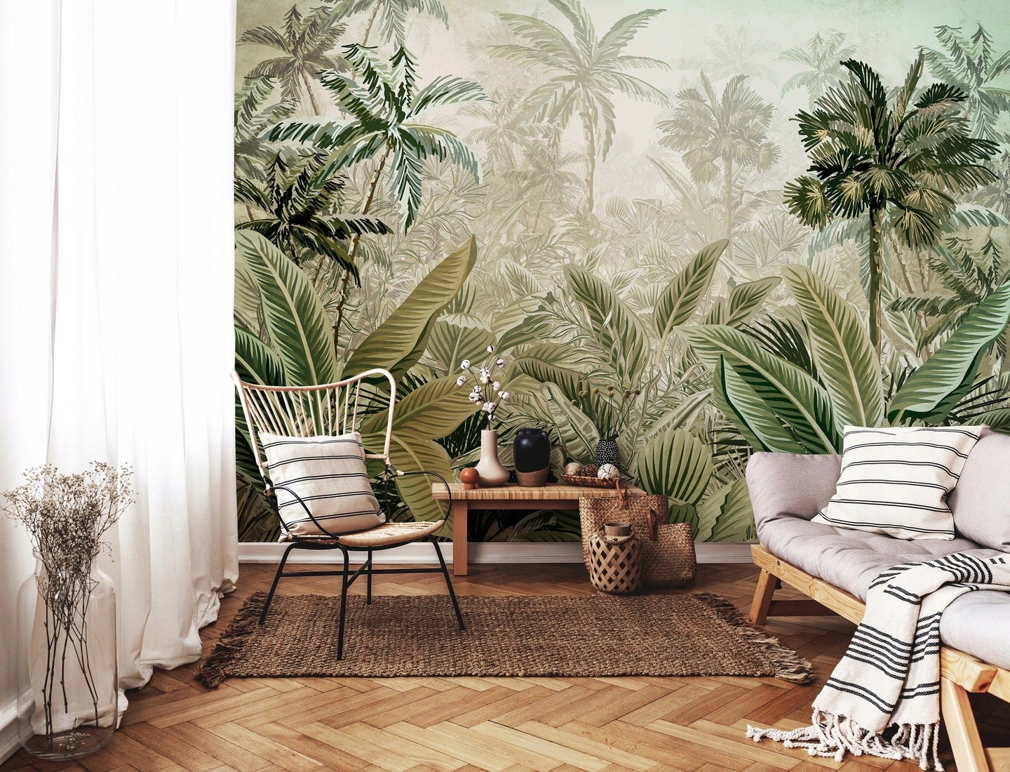 Papier Peint Intissé Panoramique Jungle Forêt Feuilles Vert 400x280 cm - Colle Inclus - Chambre et Salon - Moderne Trompe l'oeil - 2