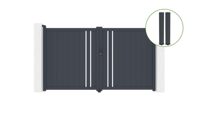 Portail battant 3m GIONA H.180 alu gris + 2 poteaux 20x20cm H.190cm