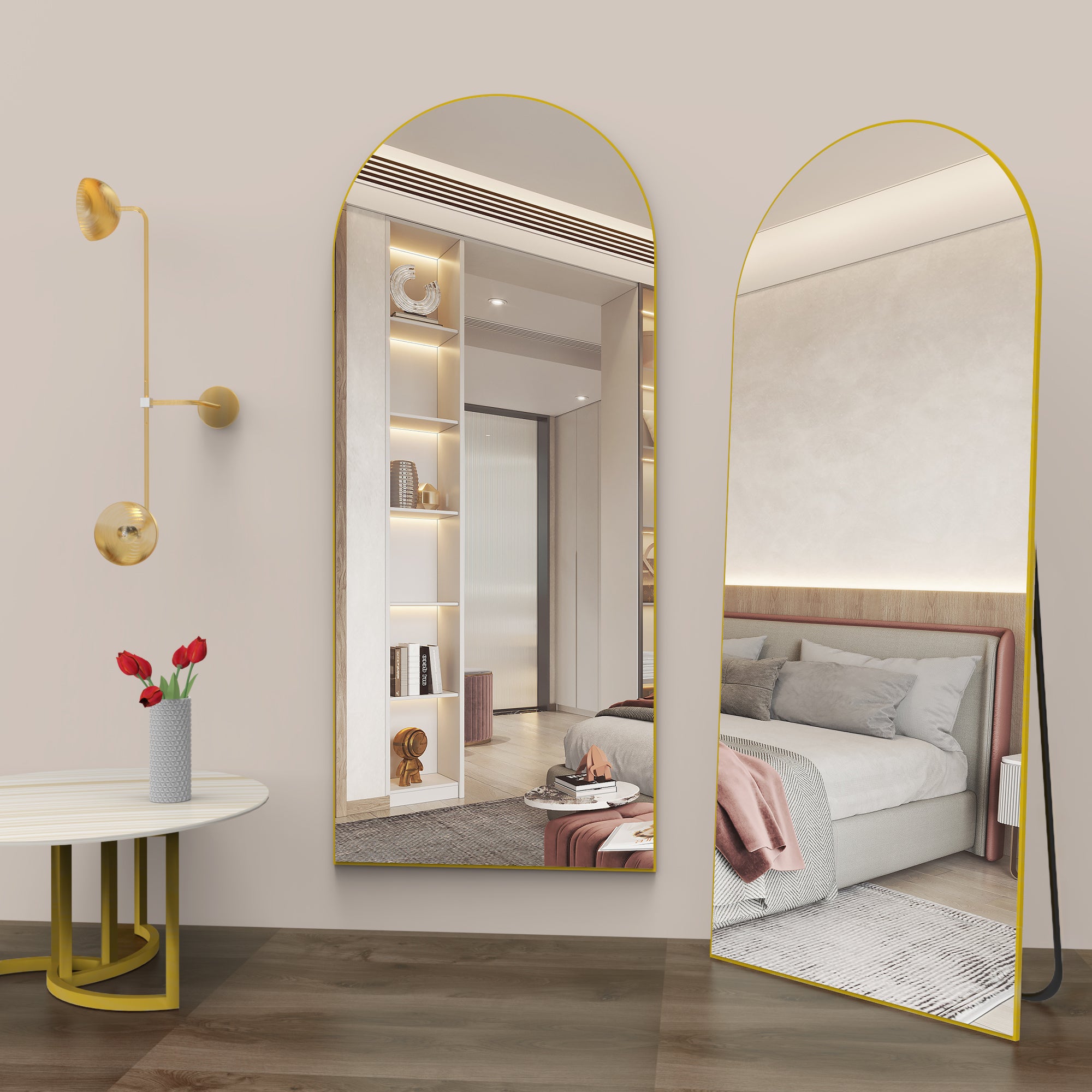 Miroir pleine longueur 162 x 53 cm, miroir de sol avec cadre en aluminium, miroir sur pied arqué lisse, doré - 5