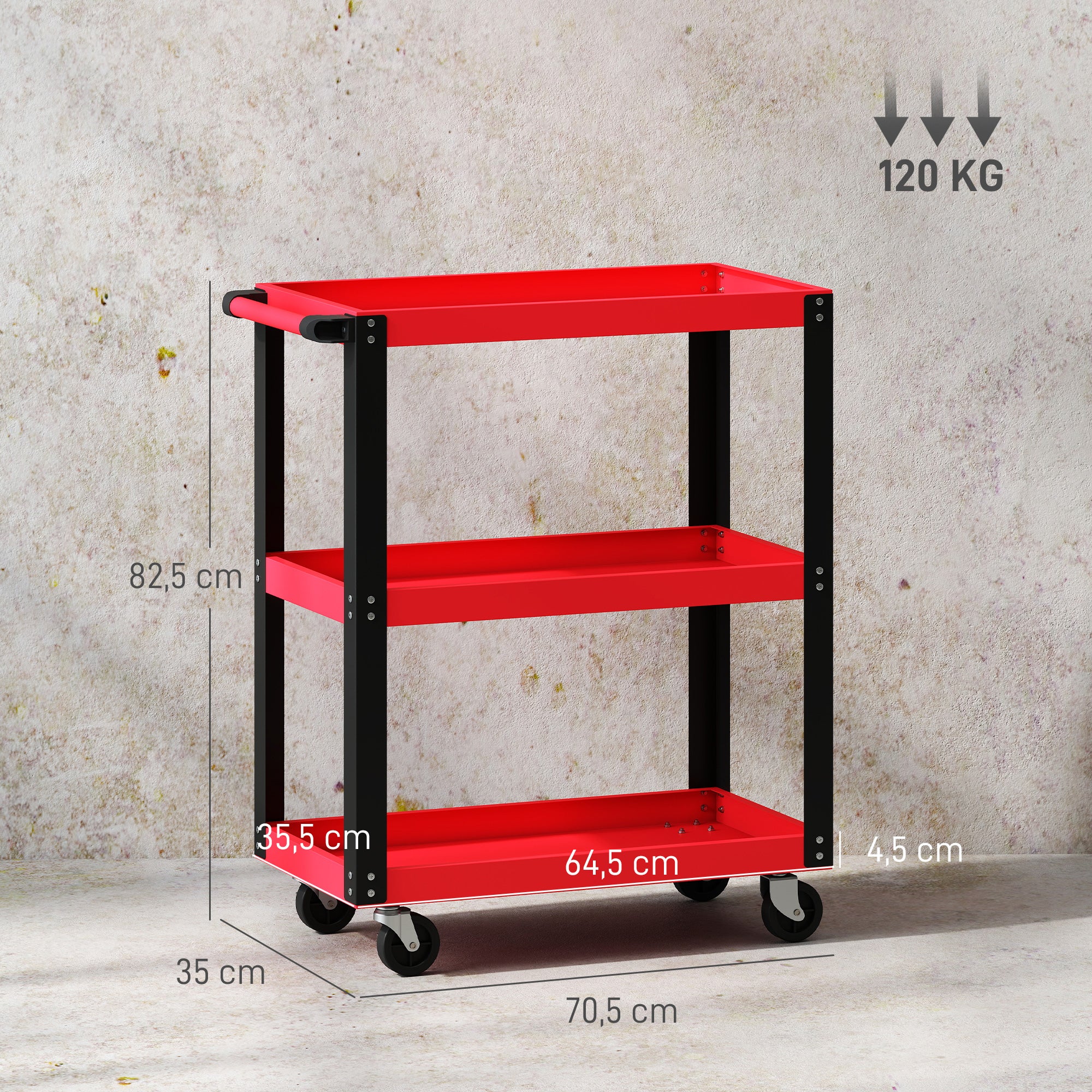 Carrello portautensili a 3 ripiani, struttura in metallo, portata 120 kg, ruote, maniglia, rosso - 4
