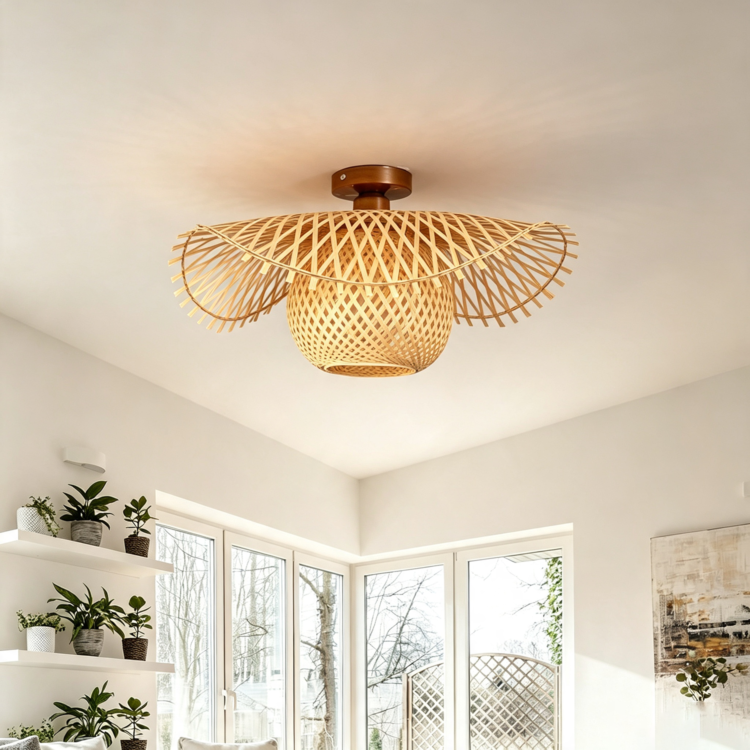 Lustre en bambou tressé (ampoule incluse), plafonnier style bohème, petite lampe décorative pour salle à manger, cuisine et couloir – Ø 45 cm - 8
