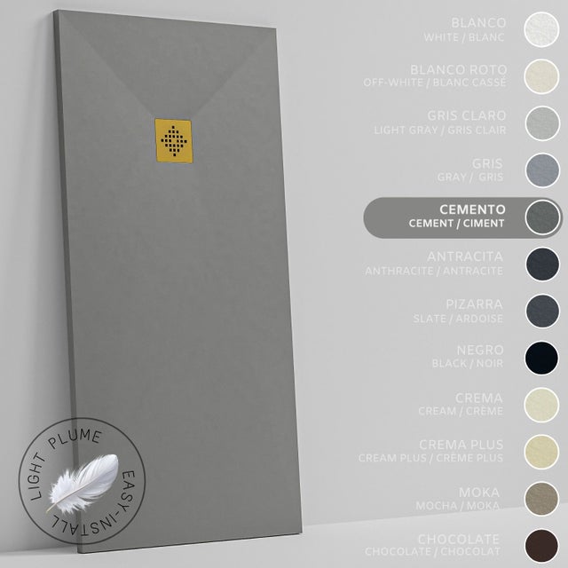 SOULHOME Lekki Brodzik z Żywicy tekstura Łupka cementowoszary – 120x90- cm Ultra-płaski Zawiera Syfon i Kratkę Gold