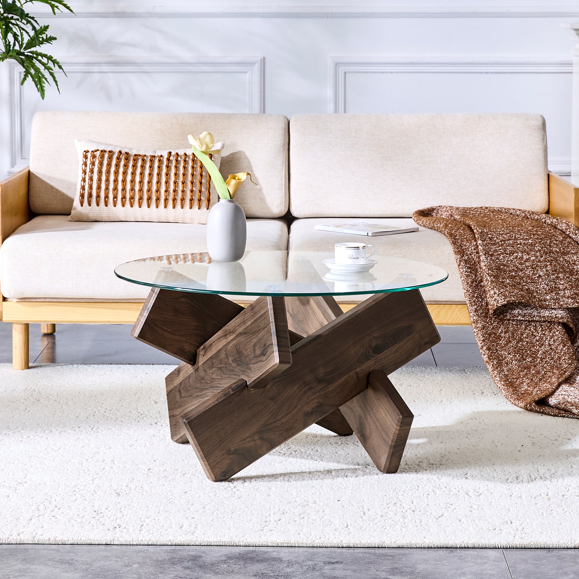 Table basse ronde multifonction en verre trempé et bois, plateau épais 0,8cm et pieds effet noyer foncé, design moderne et chic, 79x79x45cm, Marron - 2