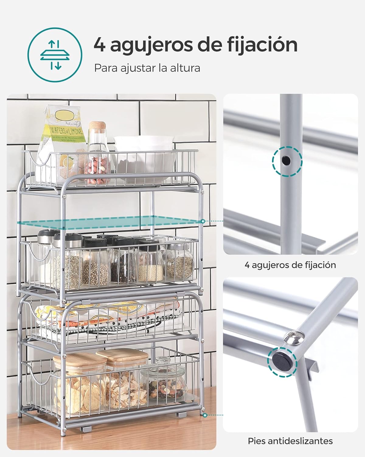 Organizador de Cocina, Estantería de 2 Niveles Extraíbles para Armario, Organizador Apilable bajo el Fregadero con Cajones, para Cocina, Baño, Plata - 4