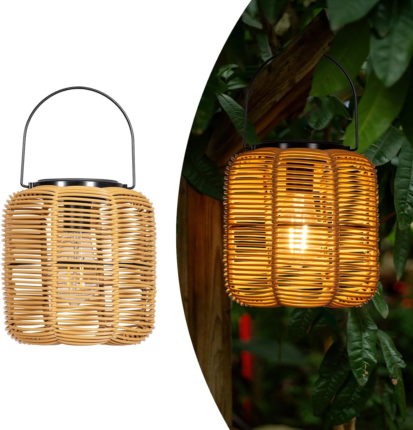 Zewnętrzne wiszące lampy solarne, zestaw 2 wodoodpornych solarnych lamp ogrodowych z wbudowanym czujnikiem zmierzchu (żarówka w zestawie)