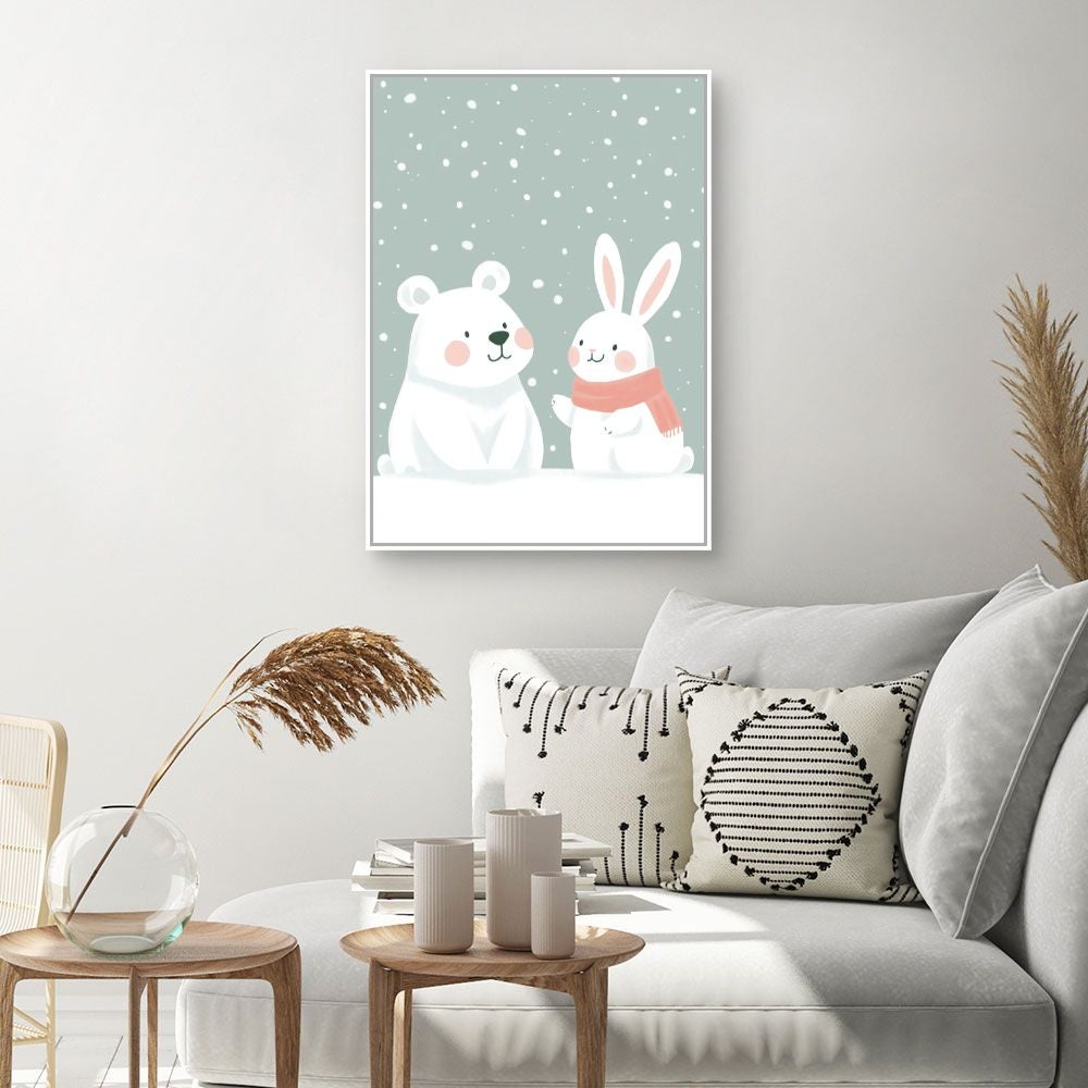 Tableau imprimé et encadré pour enfants 'Amis hivernaux' / 60x90cm / Cadre Blanc / Fabriqué en France / Toile murale / DADA ART - 2