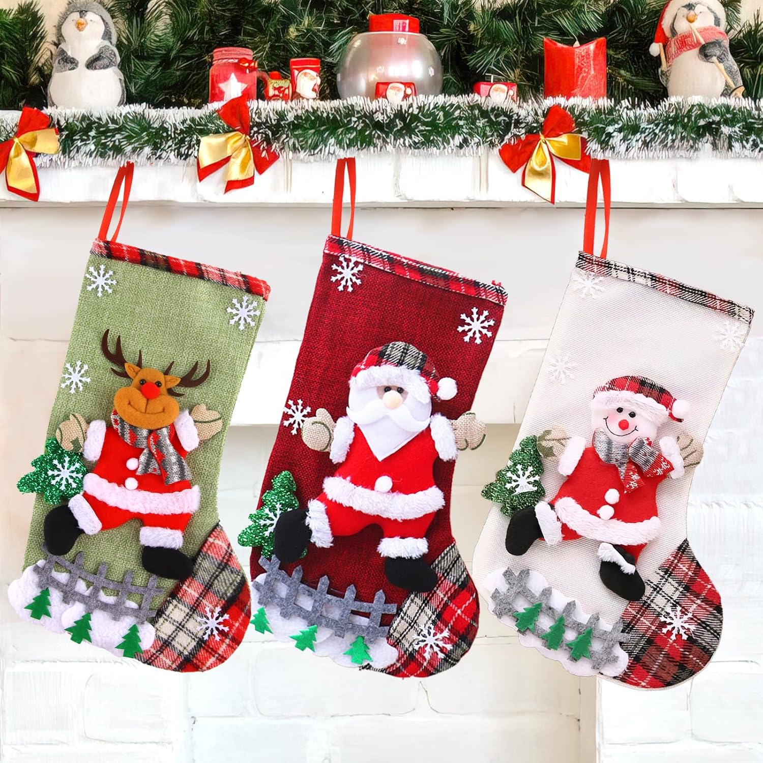 XIMEY Chaussette De Noel A Suspendre 3 Pièces Chaussettes Noel Cheminée, Decoration Noel Chaussette, Chaussette Sapin De Noel, Chaussettes De Noel A