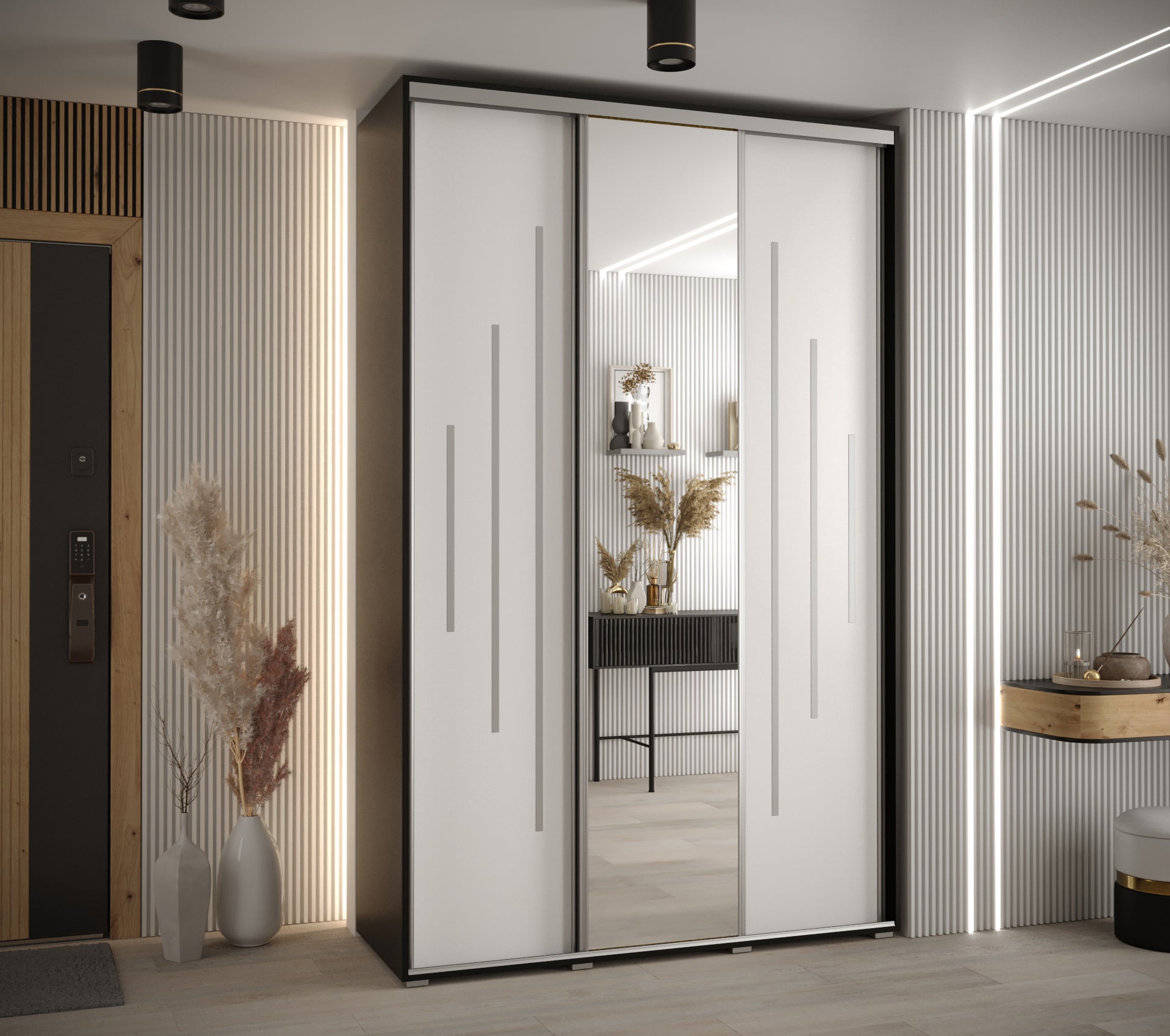 Szafa przesuwna z lustrem wysoka Davos 13 150 x 60 x 235,2 cm czarny + biały + u. srebrny - Abiks Meble - 2