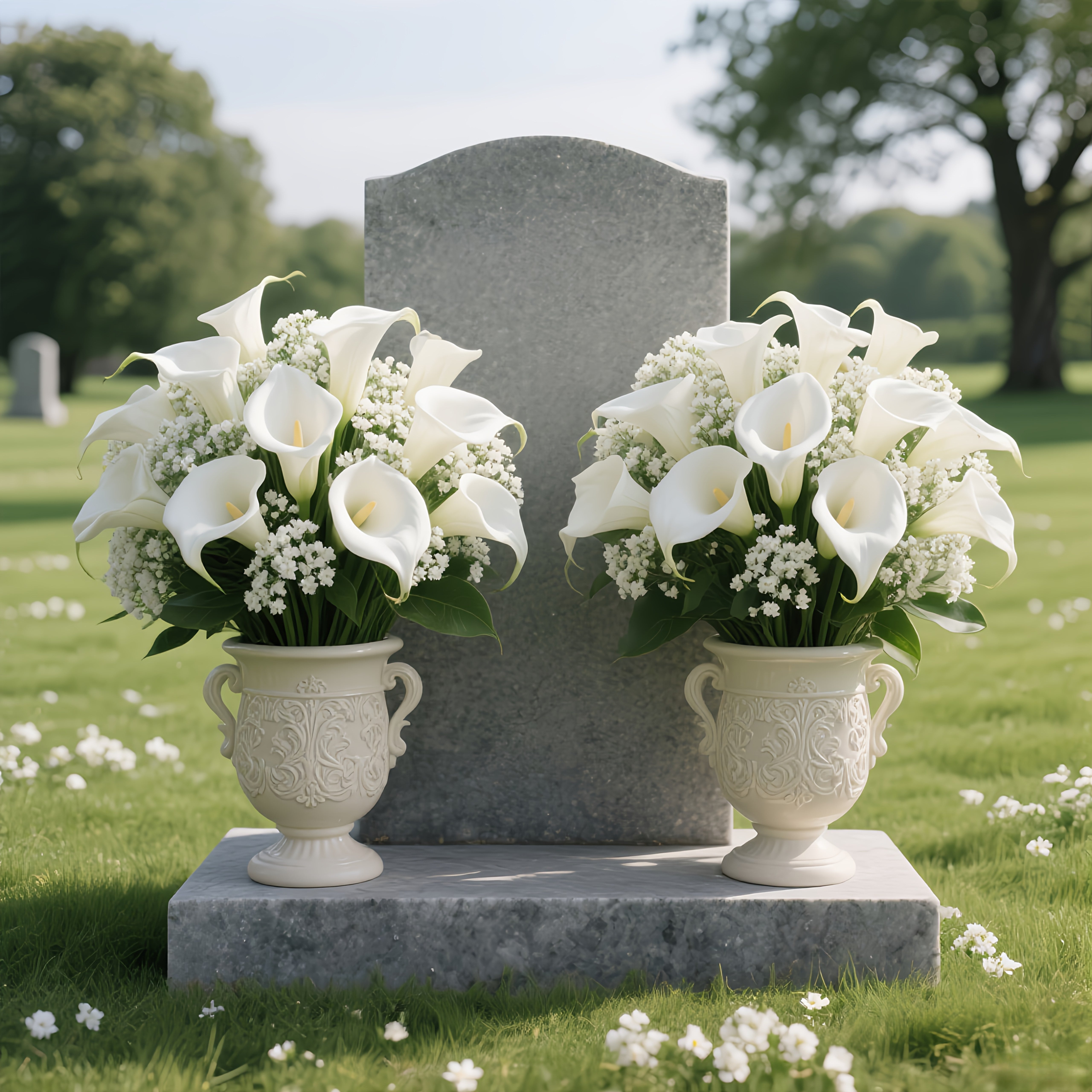Bouquet de 60 fleurs artificielles pour cimetière extérieur, 40 gypsophiles et 20 arums pour la décoration de tombes/funérailles. Fleurs artificielles - 5