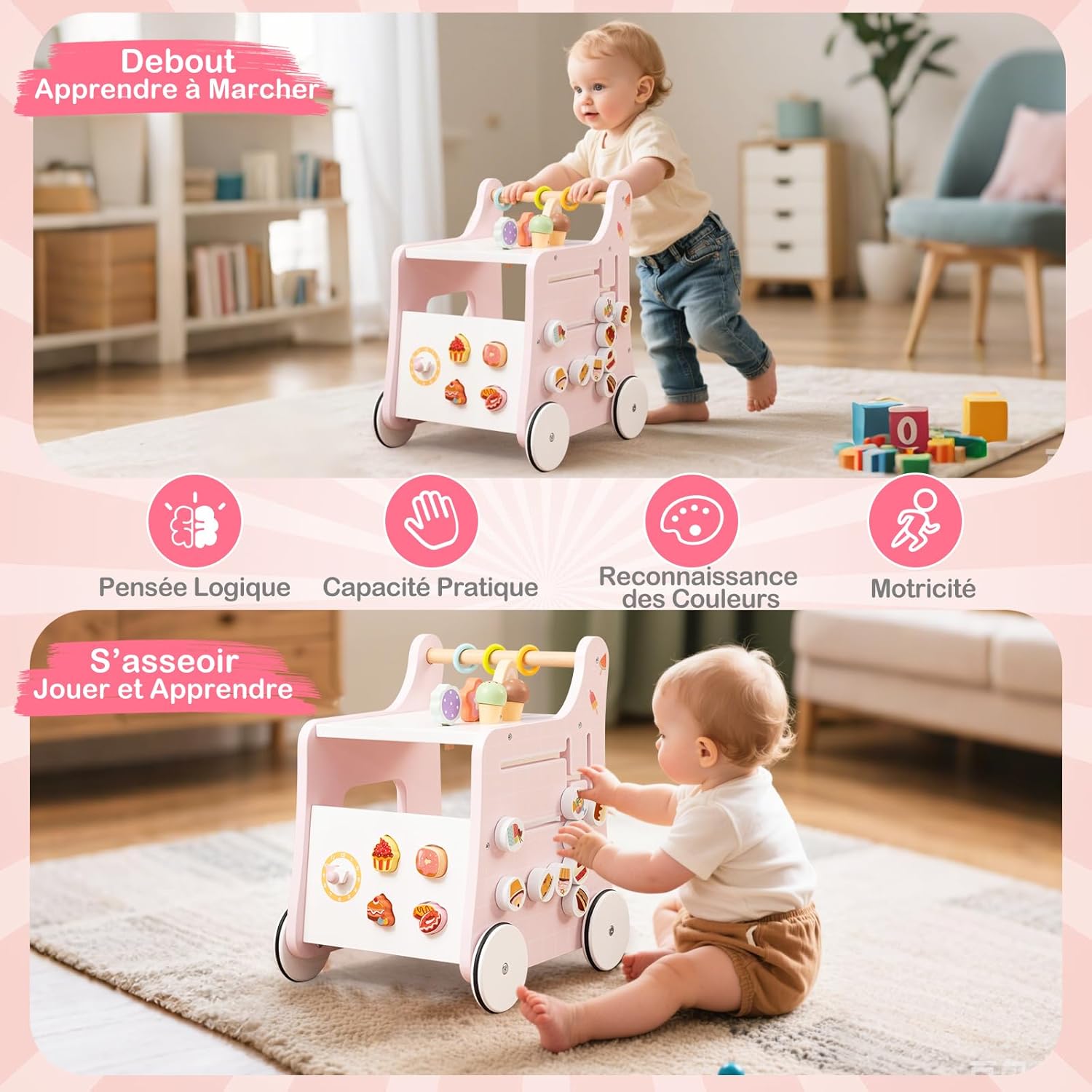 Trotteur Bébé 2 En 1 – Chariot De Marche + Centre D’Activités – Jouet Éveil Multifonction Pour Enfant 12 Mois+