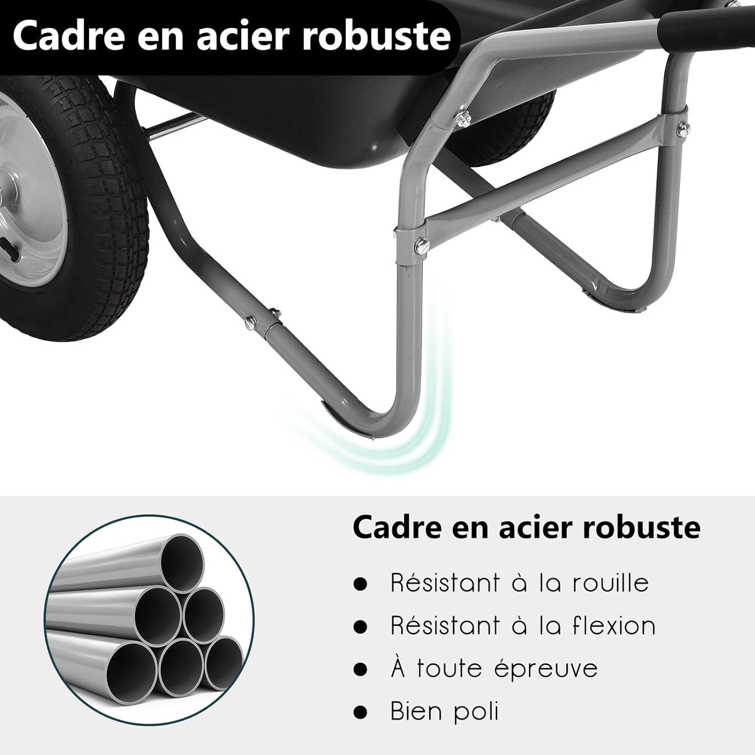 Brouette de jardin 2 roues pneus pneumatiques ø35cm 141l charge max 100kg résistante en fer noir - 6