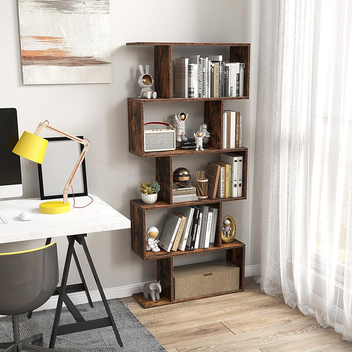 Estantería, estante de almacenamiento en forma de S, estilo industrial, mueble de almacenamiento de madera versátil para salón y oficina (5 estantes, - 8