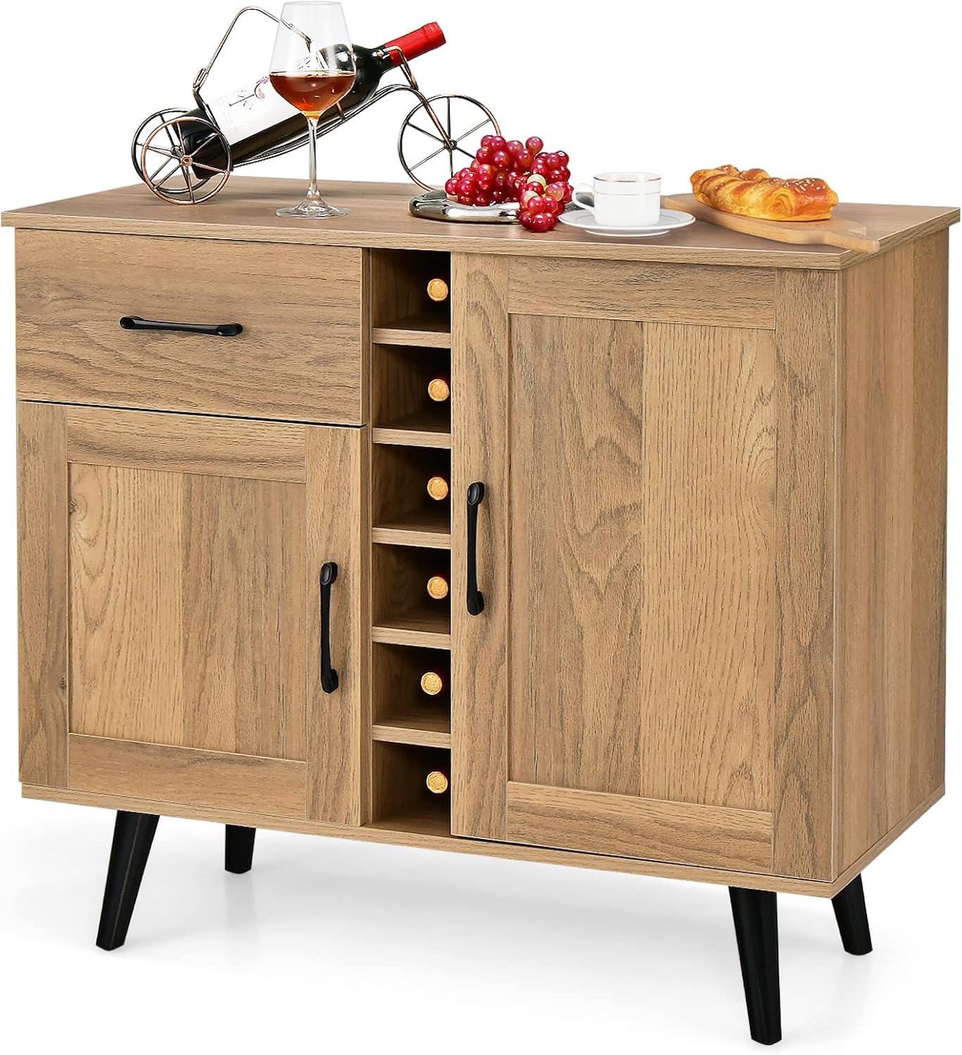 Szafka Kuchenna z Przegrodą na 6 Butelek Wina, Mebel Barowy z 2 Drzwiami i 1 Szufladą, do Salonu, Jadalni, 90 × 40 × 79 cm, Naturalny