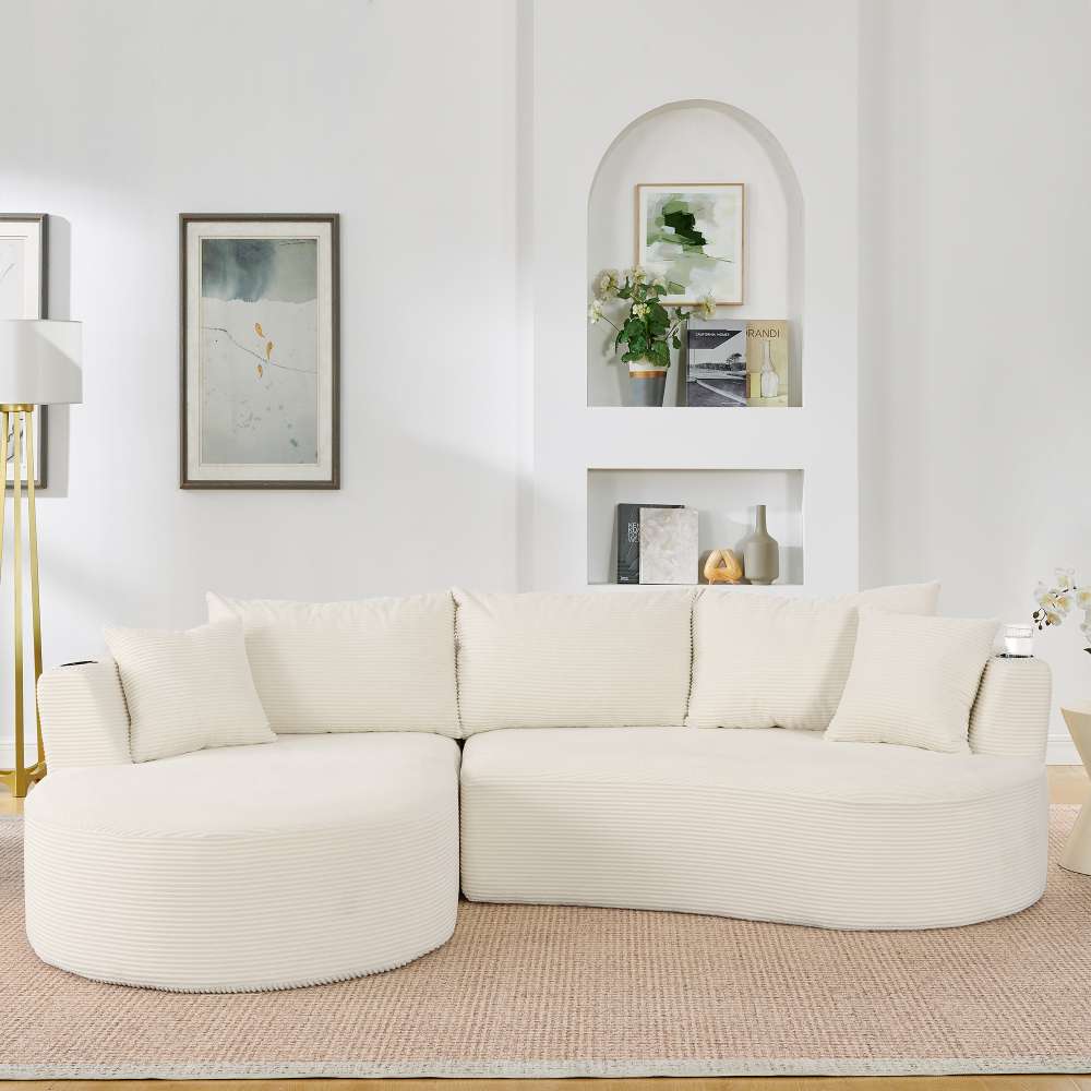 Canapé 3 places + méridienne gauche, velours doux, forme arrondie, coussins et porte-boissons, pour salon, hôtel, appartement. - 9