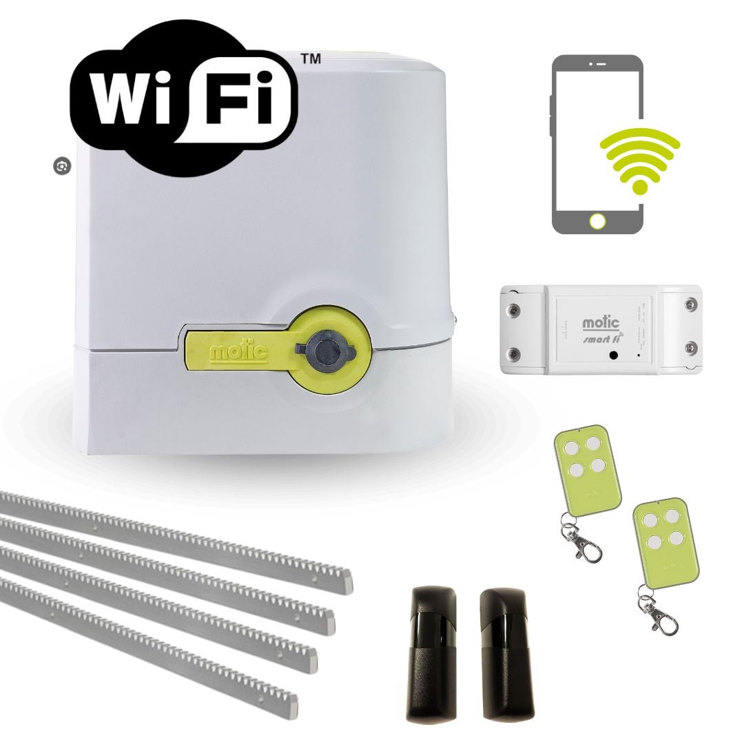 Motor para puerta corredera de garaje wifi hasta 800kg incluye 2 mandos y 4 metros de cremallera de hierro. compact 800 motic