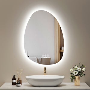 EMKE Miroir salle de bain avec éclairage, Miroir asymétrique LED, anti-buée, interrupteur tactile, 3 couleurs de lumière réglable, 75 x 55 cm