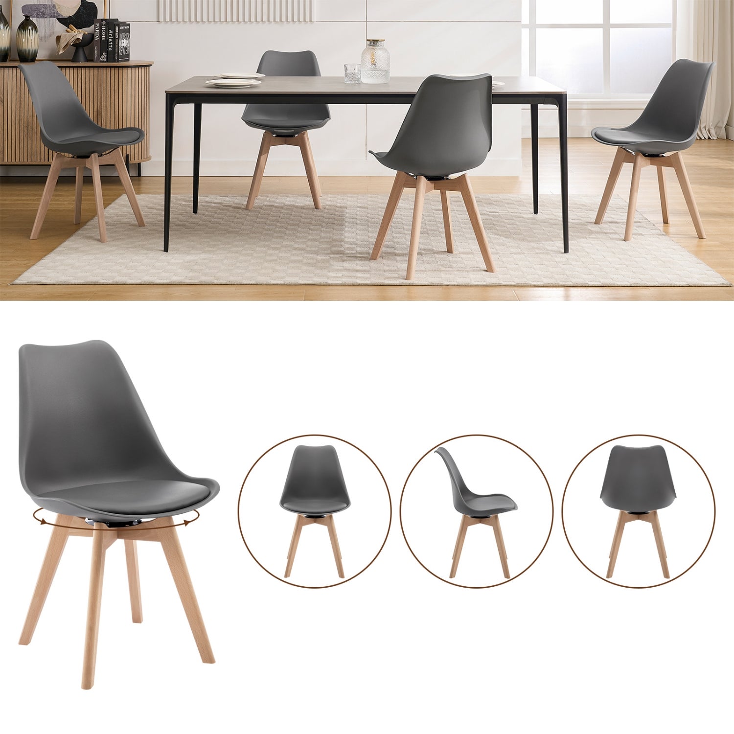 Lot de 2 Chaise Pivotante Salle à Manger WOLTU, Chaise de Cuisine, Siège en PU, Pieds en Bois Massif, Gris - 5
