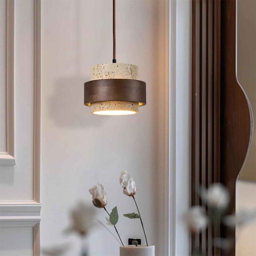 Lustre de style wabi-sabi en pierre naturelle nordique, lustre jaune style grotte, design bois et pierre, style ferme vintage, lampe en travertin. - 3