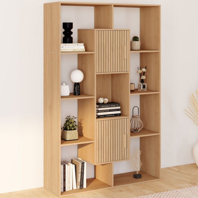Etagère bibliothèque COLETTE avec 11 compartiments et 2 cases JULIETTE effet lattes 143 cm