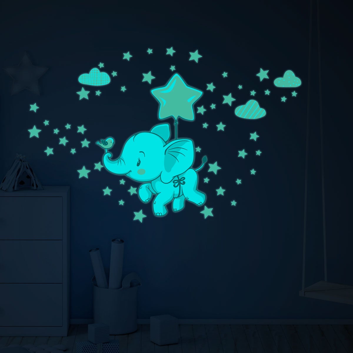 Adesivi fosforescente elefanti felici tra le nuvole + 120 stelle - Sticker adesivo - adesivi murali - 40x30cm - 6