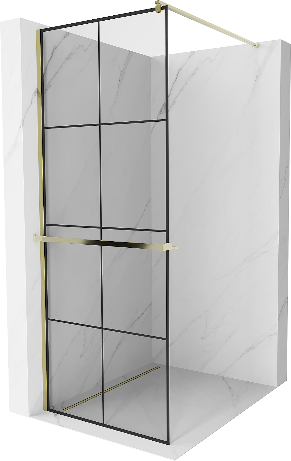 Mexen Kioto+ ścianka prysznicowa z półką Walk-in 90 x 200 cm, czarna kratka, złota - 800-090-121-50-77