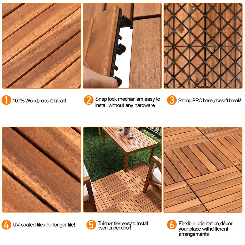 11x Dalles de terrasse en bois d'acacia pour 1m² - 6 lames - système de clips - terrasse/ jardin extérieur - 4