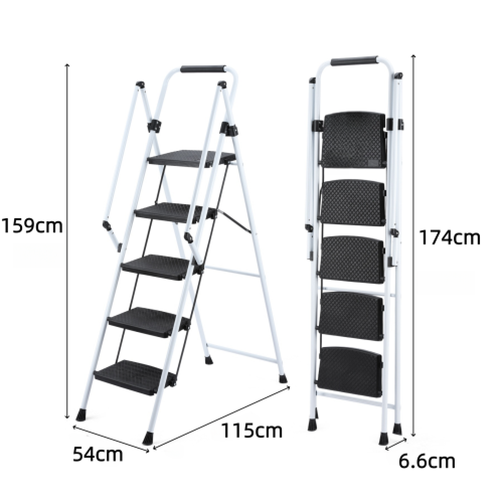 Escabeau pliant 5 marches acier blanc, pédales larges antidérapantes, poignée sécurité, portable 150 kg - 2