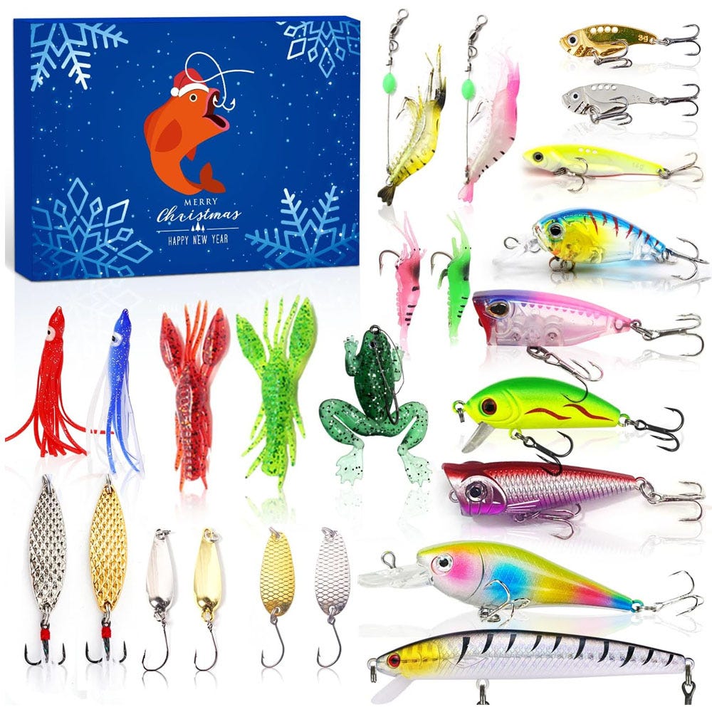 Calendrier De L'Avent Pêcheur 2024 - 24 Jours De Cadeaux Avec Outils De Pêche (leurres, Moulinet, Filet...), Cadeau Noël Pour Homme Passionné