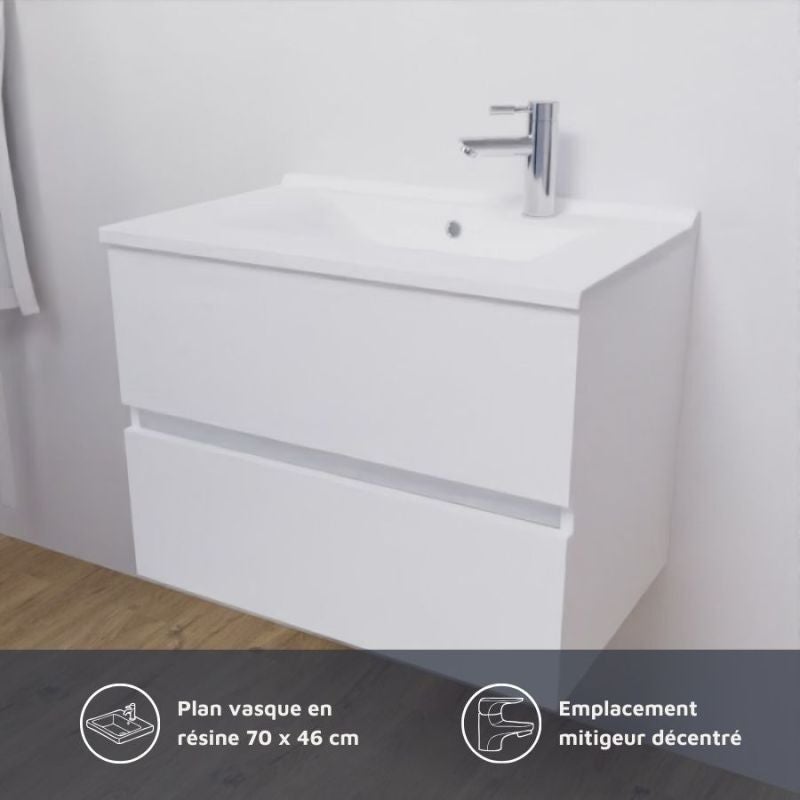 Meuble salle de bain suspendu 70 cm ROSALY | coloris : Blanc | plan vasque : Résine - 5