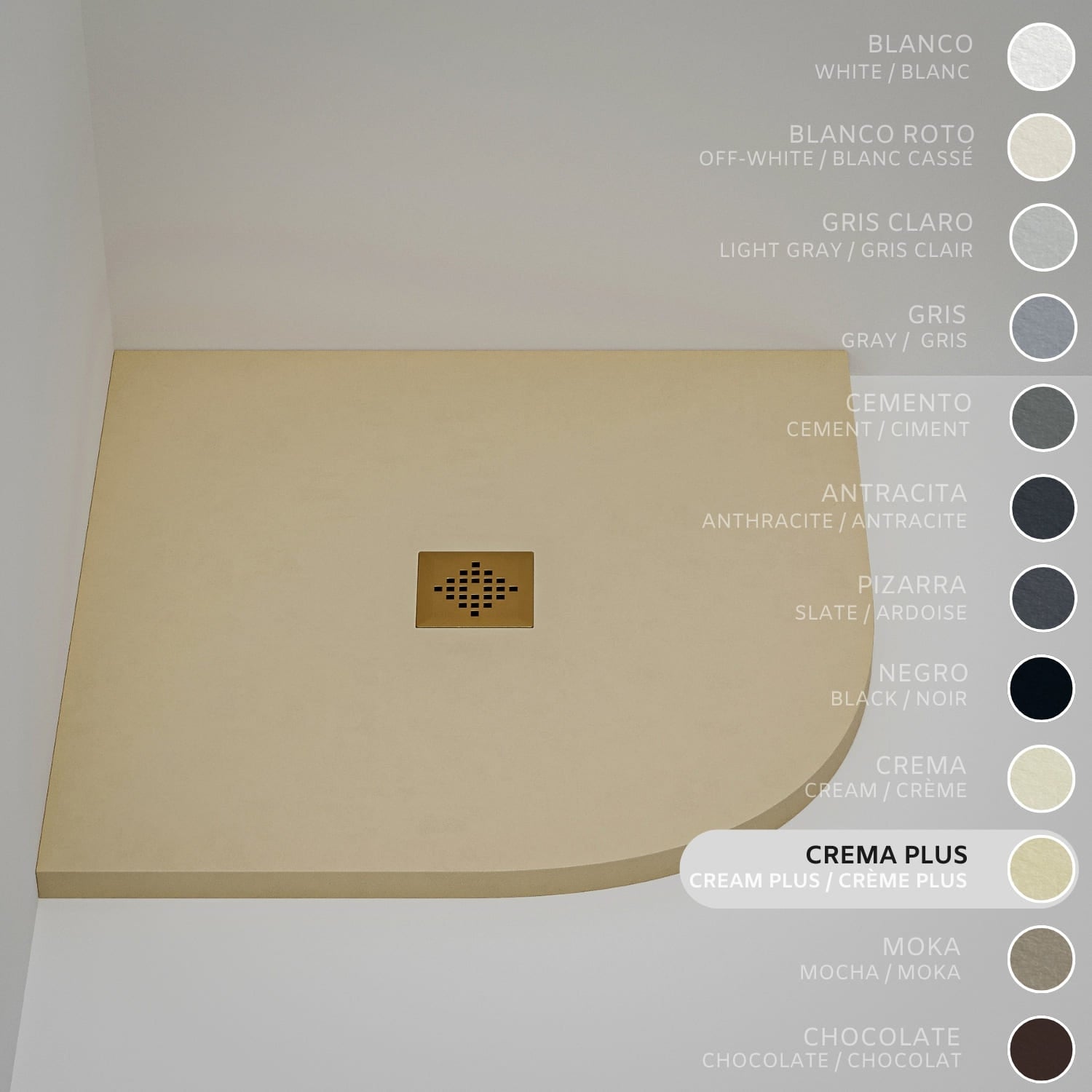Brodzik półokrągły SOULHOME Żywica i Konglomerat Mineralny Antypoślizgowy 70x70 cm Intensywny Krem - Kratka Gold