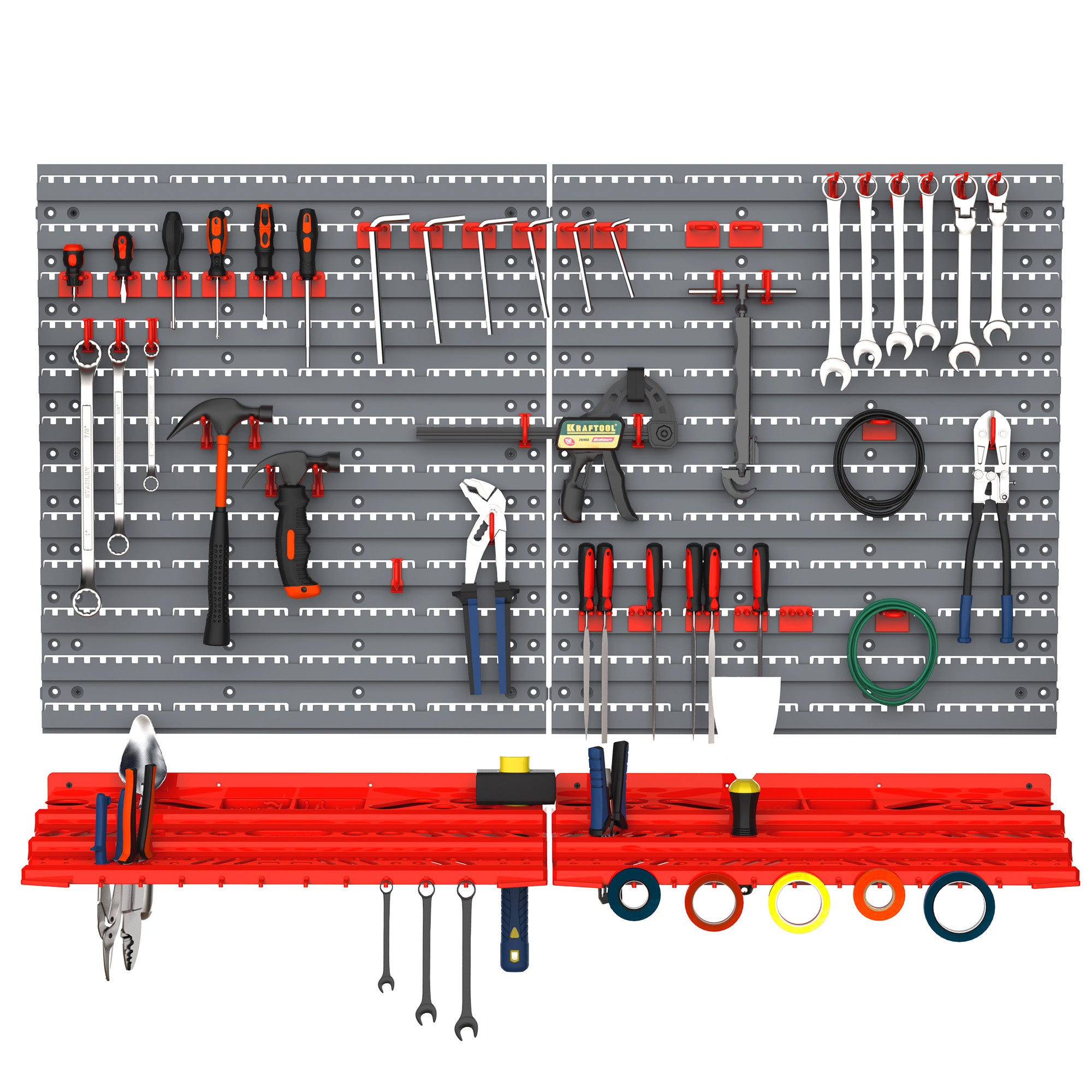 Panneau mural porte-outils , ensemble de 54 porte-outils pour atelier, bacs de rangement, crochets, PP, gris et rouge, 95,5 x 23 x 53,5 cm - 2