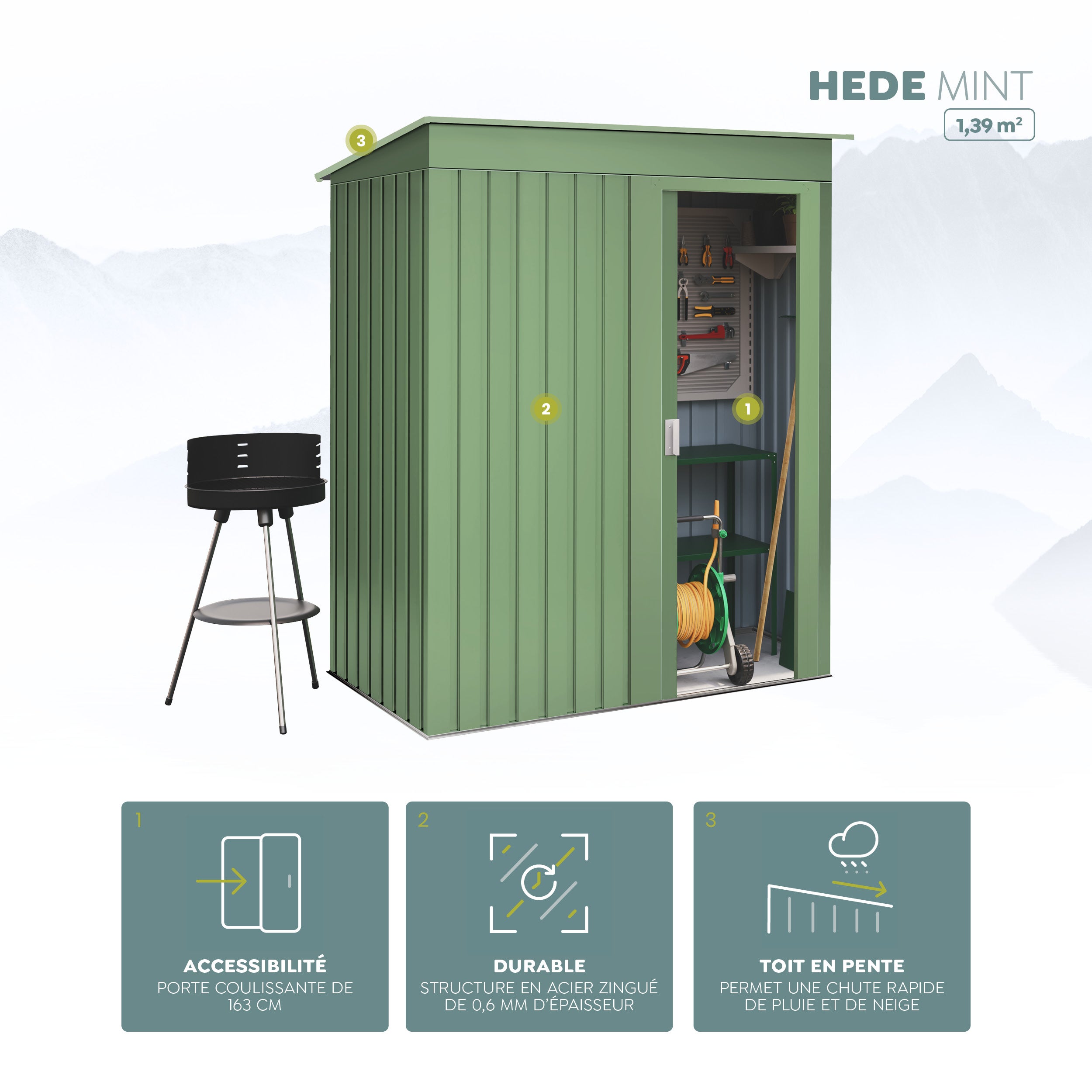 Armadio da giardino in metallo 1,39m2 Hede Green - Porta scorrevole - Tetto spiovente - Colore verde - Casetta da giardino per esterni - 3