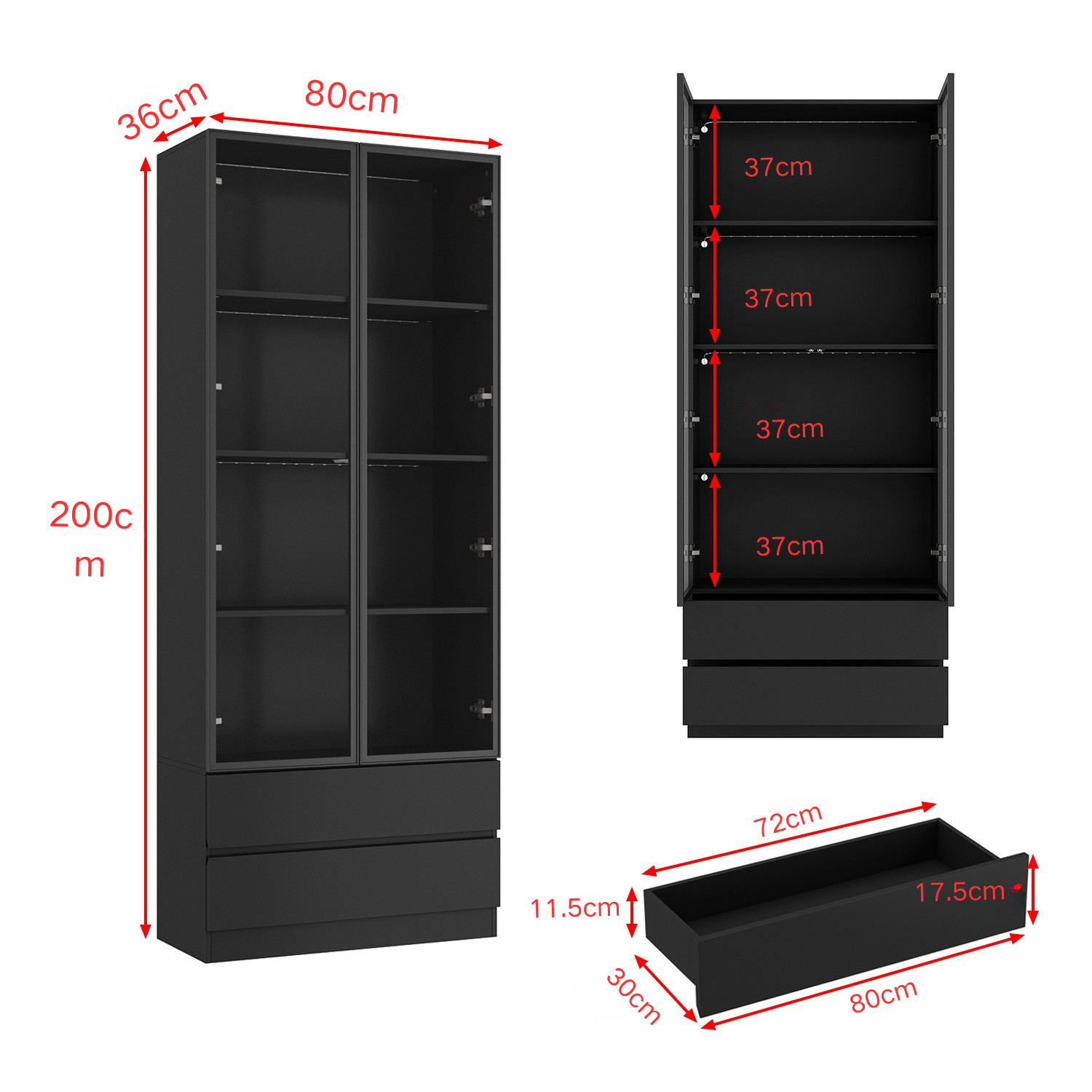 Vitrine à Lumières LED 3 couleurs, Armoire de Collection avec 2 Portes en Verre et 2 Tiroirs, Bureau et Salon, 80x36x200, Noir - 2