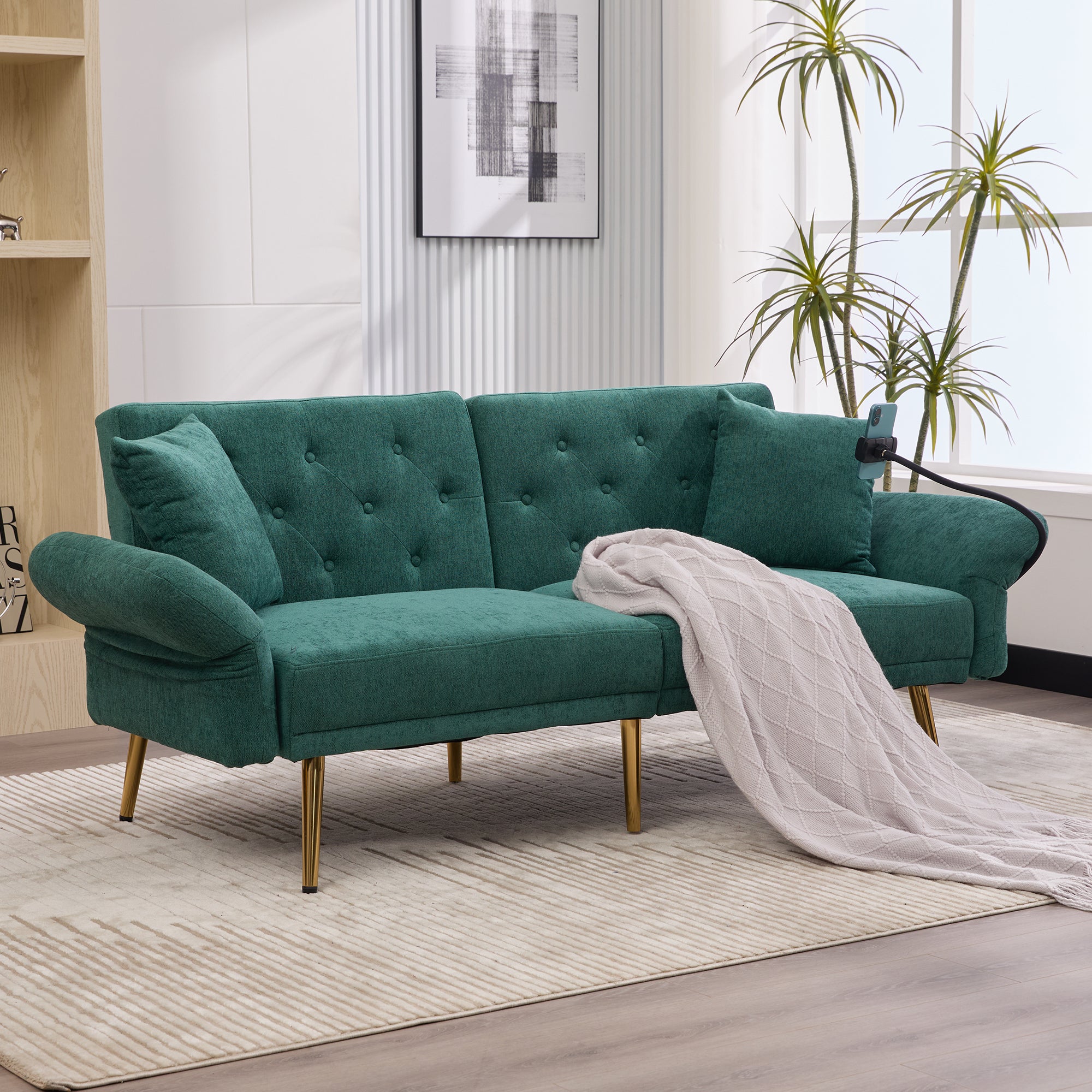 Sofa 2-osobowa z funkcją spania, portami USB i uchwytem na telefon – 173 x 78 x 78 cm – tkanina szenilowa i metalowe nogi – kolor zielony