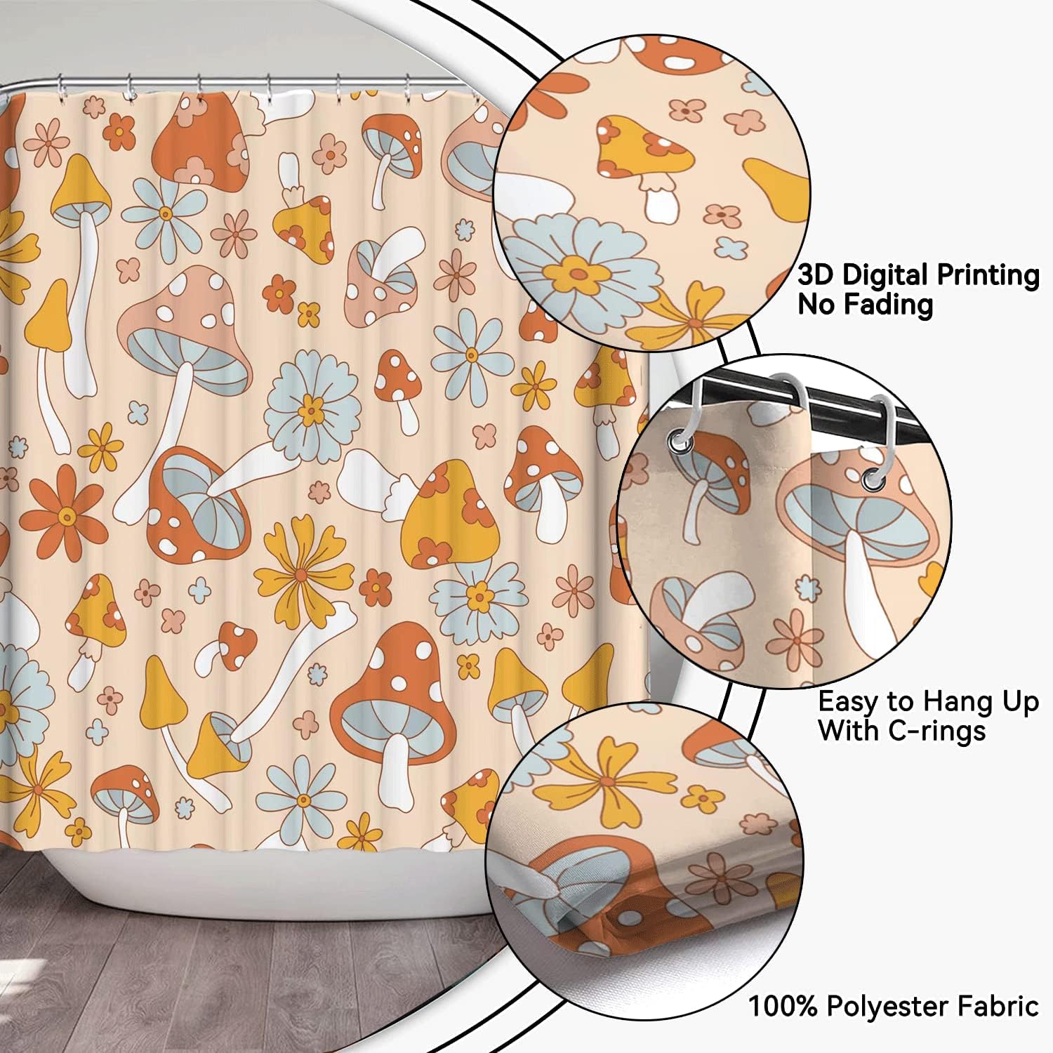 Tenda Da Doccia Fungo Anni '70 – Stile Psichedelico Hippie, Con 12 Ganci Inclusi