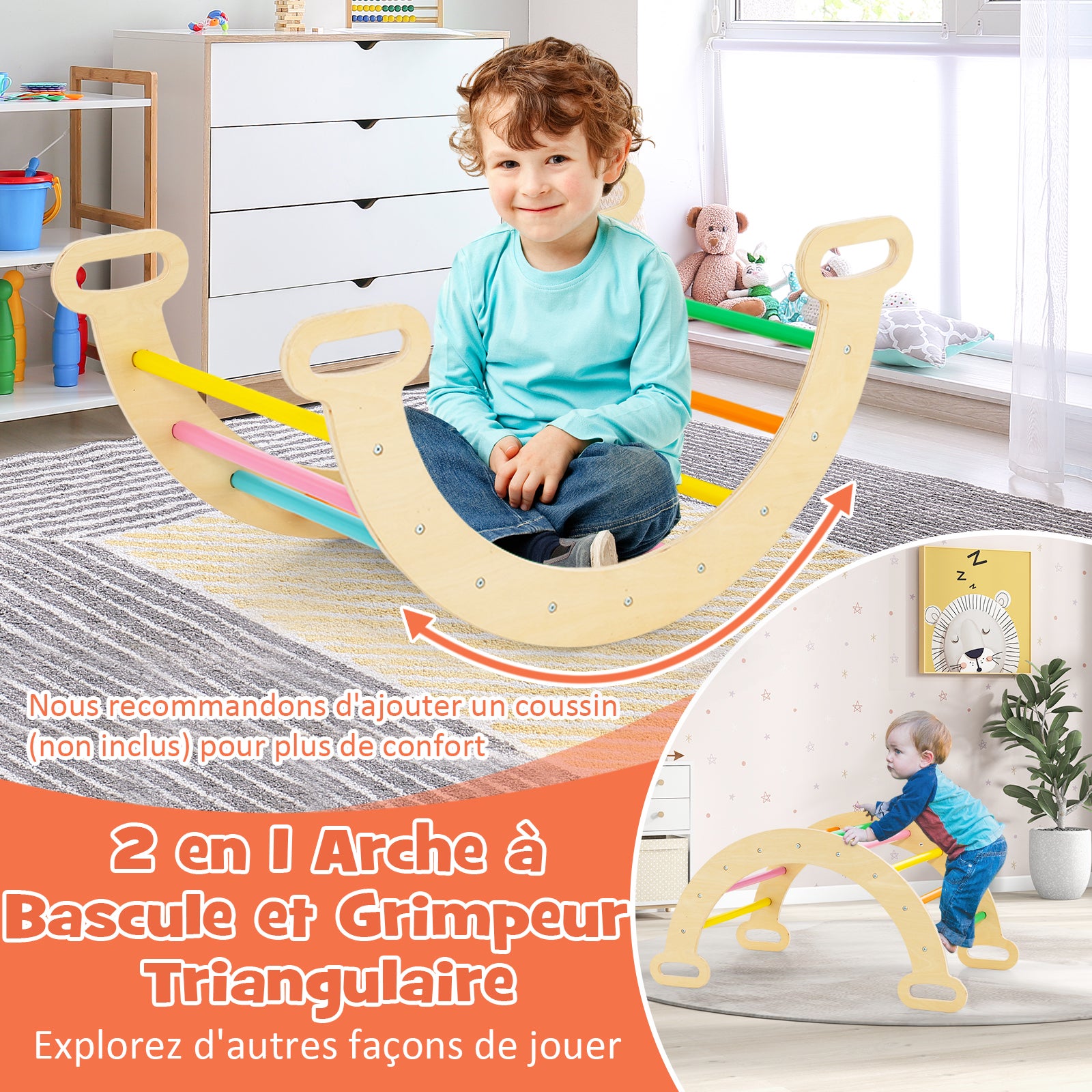 7 en 1 Triangle Arche Montessori d'escalade Enfants avec Toboggan Bois, Rampe, Échelle Réglable, Charge 50 KG, pour Tout-Petits Bébé 1 An+ - 3