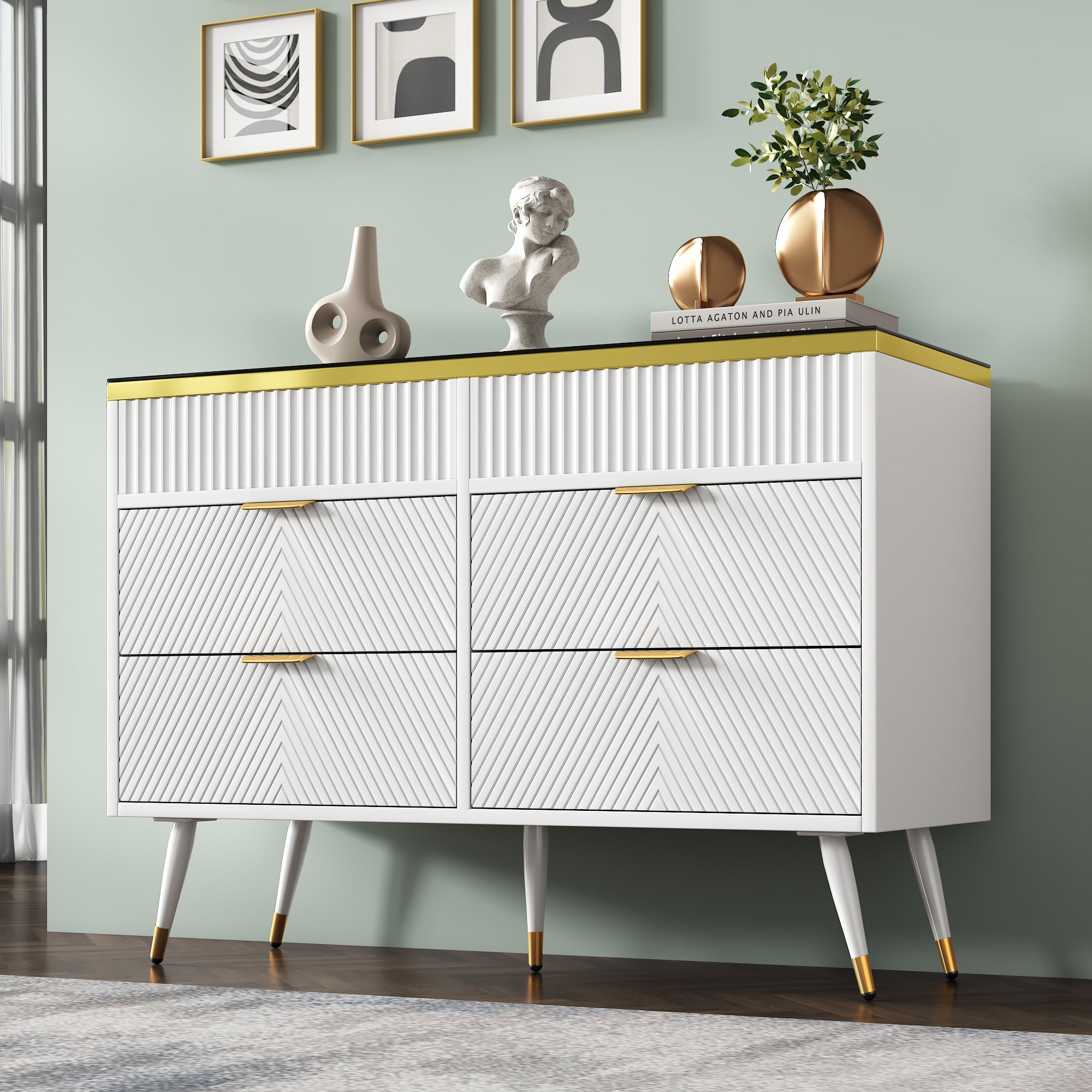 Cassettiera con 6 cassetti - 120 x 40 x 76 cm - vetro ambrato e pannelli di particelle - bianco - 8