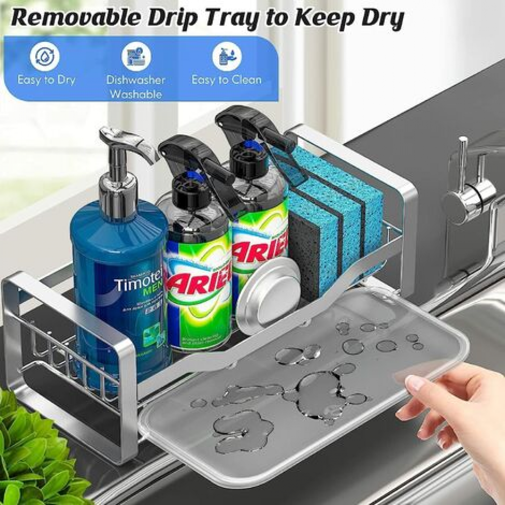 Vassoio Scolo Per Detersivi Organizzatore Per Lavello Con Supporto Spugna - Acciaio Inox 304, Antiscivolo, Vassoio Rimovibile Vassoio Scarico Rimovibile