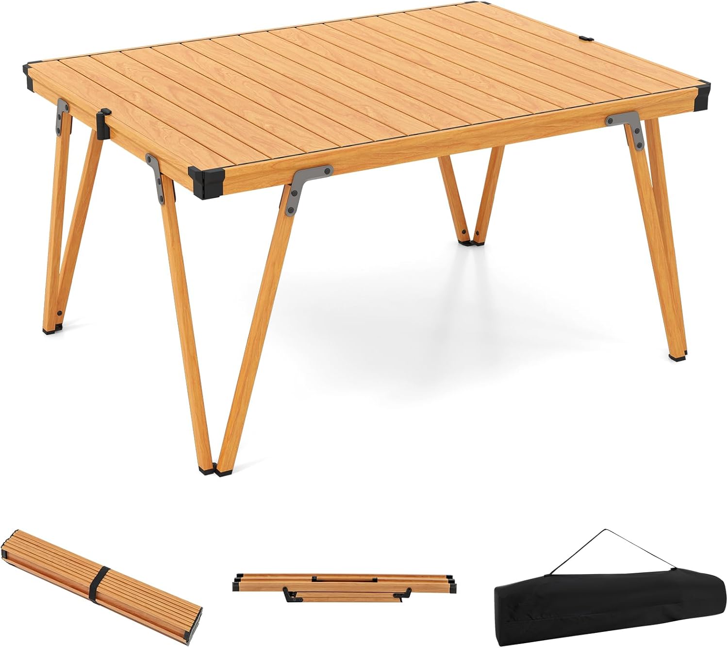 Składany Stół Kempingowy, Przenośny Stół Ogrodowy do Zwijania 93x69x47,5 cm ze Stabilną Konstrukcją i Torbą Transportową, Nośność 80 kg (Naturalny)