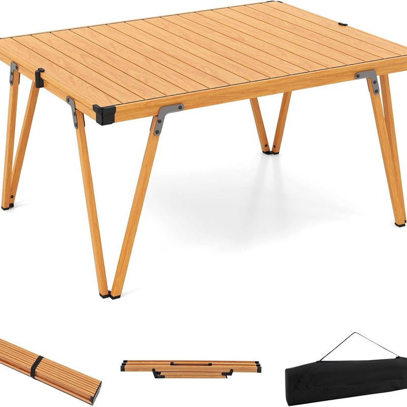 Składany Stół Kempingowy, Przenośny Stół Ogrodowy do Zwijania 93x69x47,5 cm ze Stabilną Konstrukcją i Torbą Transportową, Nośność 80 kg (Naturalny)