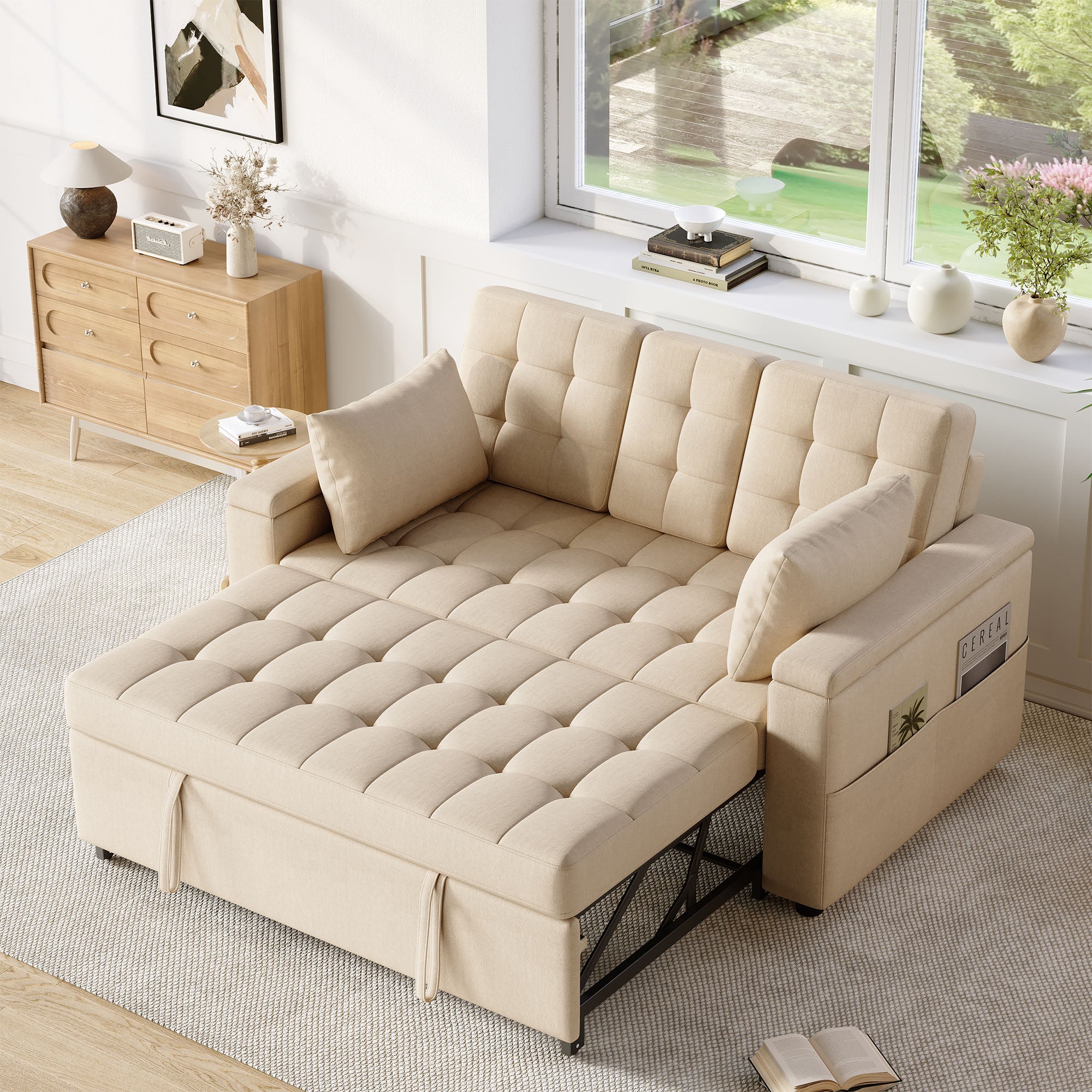 Canapé convertible 2 places avec rangement et dossier réglable, canapé pliant - 159 x 142.5 x 92 cm - Tissu en coton-lin - Beige - 2