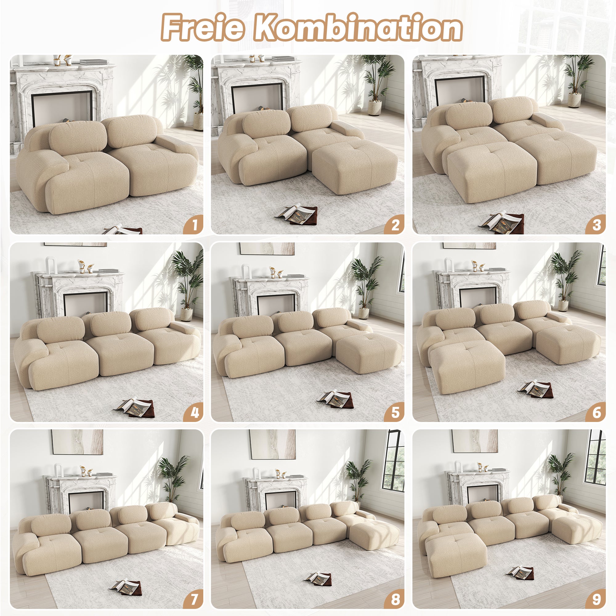 Canapé modulable avec 3 tabourets,&nbsp;Canapé 3 places en velours côtelé, accoudoirs ultra larges, Canapé d'Angle rembourrage 32D, Canapé compact beige - 8