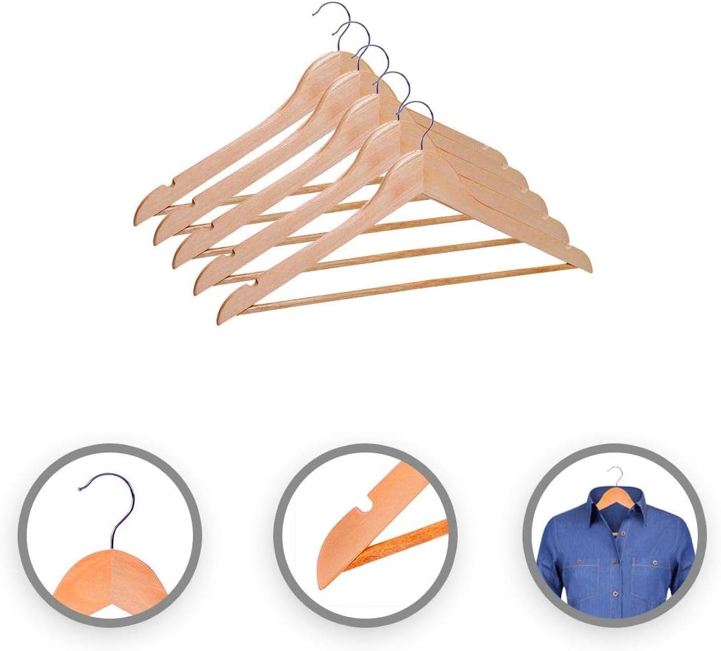 CASA COM-FORT | Pacote com 10 cabides de madeira antiderrapantes | Cor Natural | Design fino e elegante | Madeira maciça - 6